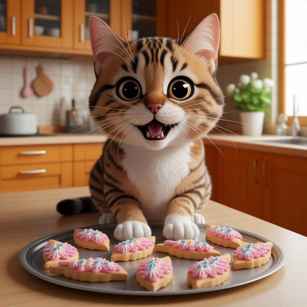 Tabby Cat Serves Fish Cookies: 3D Anime Art