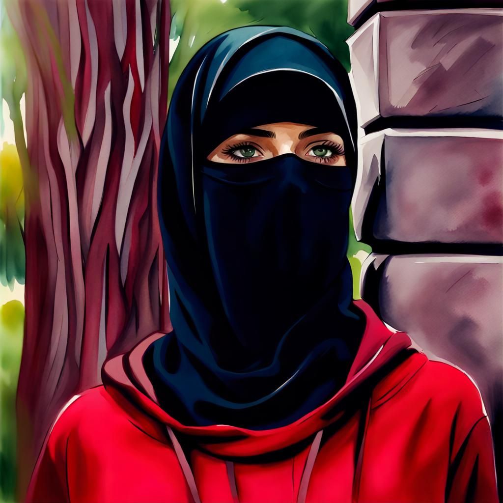 German Niqabi Woman in Park: Watercolor Art