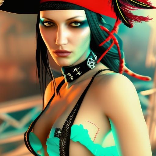 Detailed Pirate Woman Portrait in Art Nouveau Style