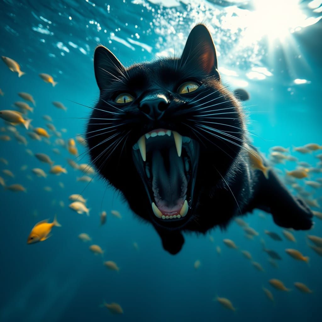 Hyperrealistic Black Cat Diving in Blue Ocean