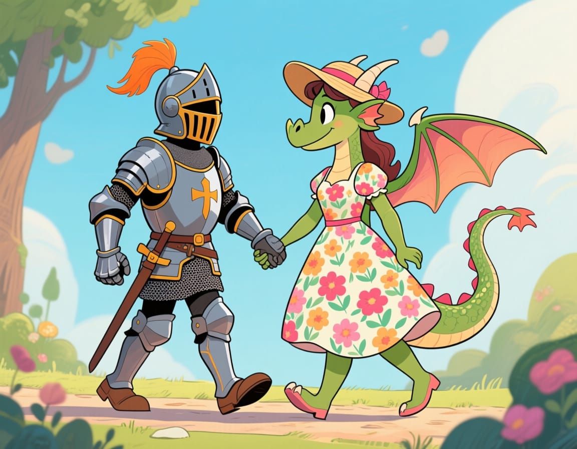 Knight and Dragon Walk Hand in Hand in Whimsical Style