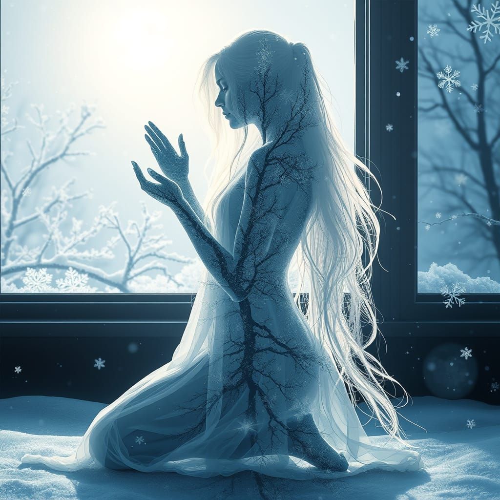 Ethereal Weaver Figure in Winter Landscape Double Exposure