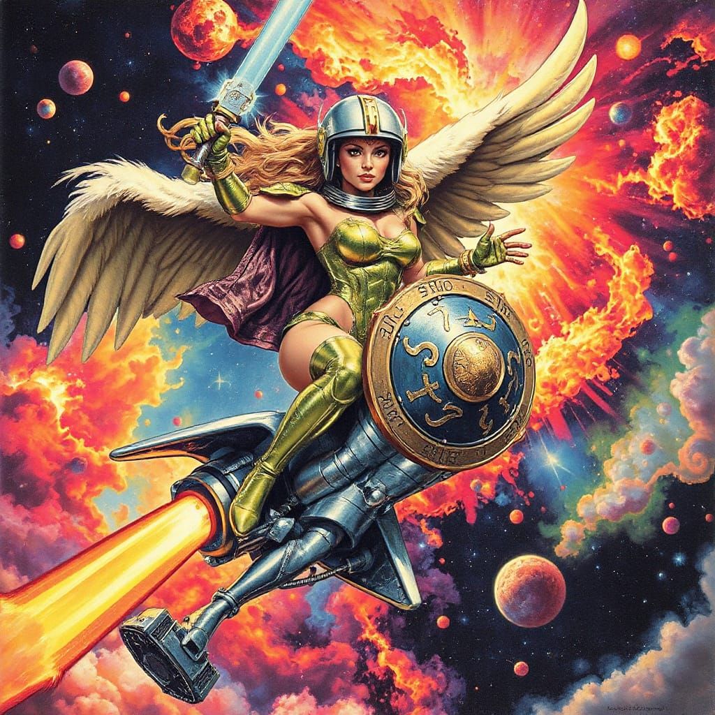 Cosmic Valkyrie Soaring Through Space in Sci-Fi Style