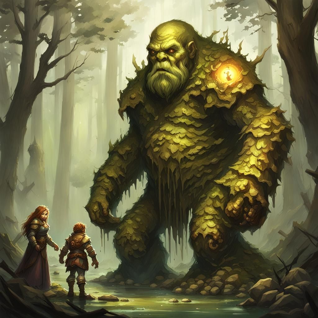 Swamp Golem and Golden Dwarf Fantasy Scene