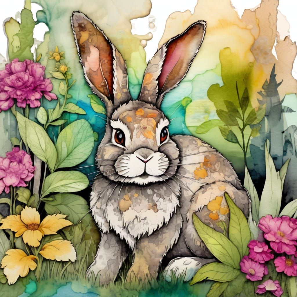 Vibrant Bunny in Whimsical Garden Scene