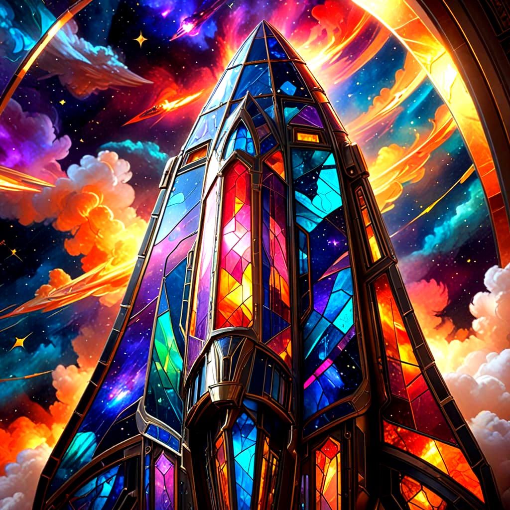 Stained Glass Rocketship Soaring Through Nebula in Art Nouve...