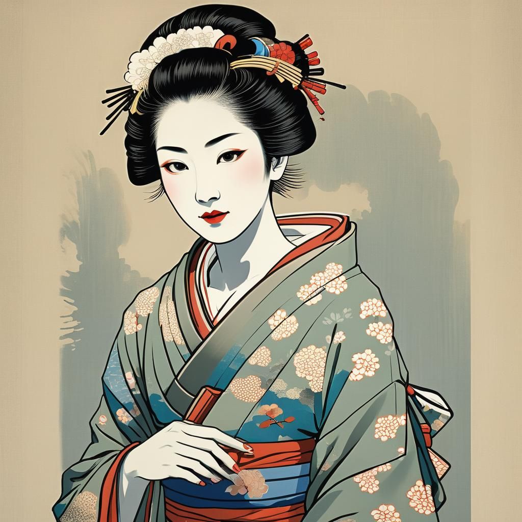 Elegant Geisha Portrait in Ukiyo-e Style