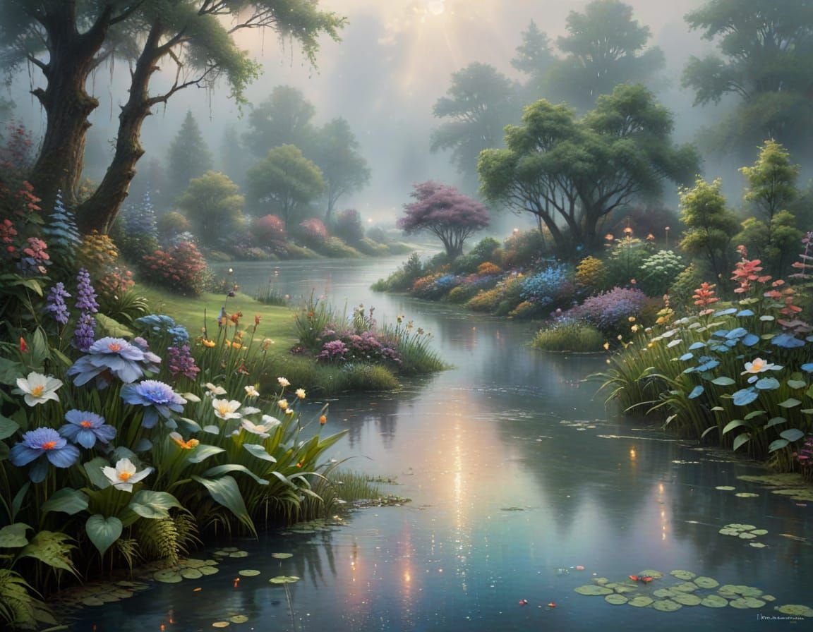 Macro Pond Surface After Heavy Rain in Ethereal Fantasy Styl...