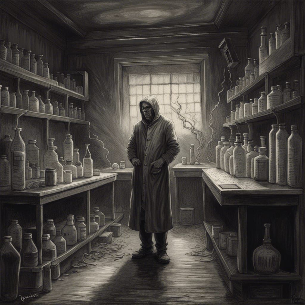 Sinister Chemist in Abandoned Lab: Charcoal Drawing