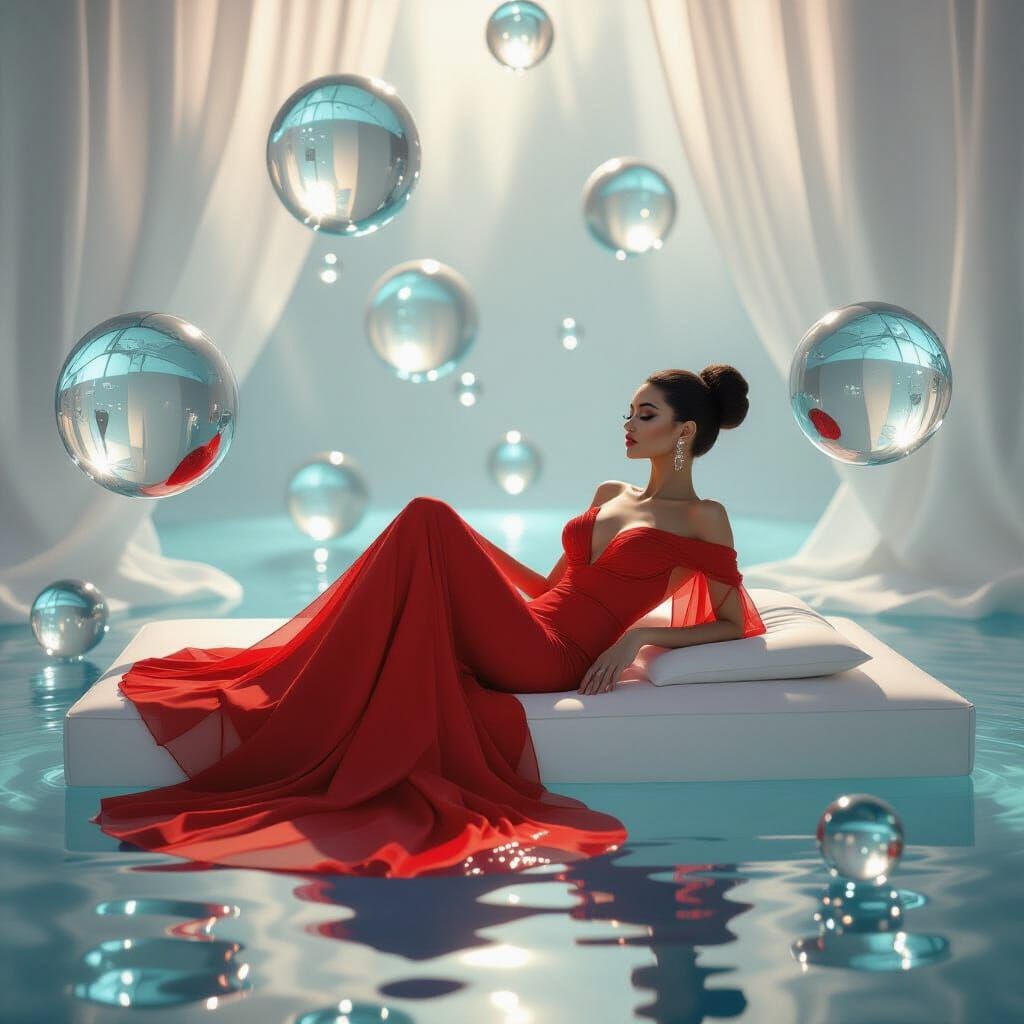 Red Couture Figure Surrounded by Floating Spheres