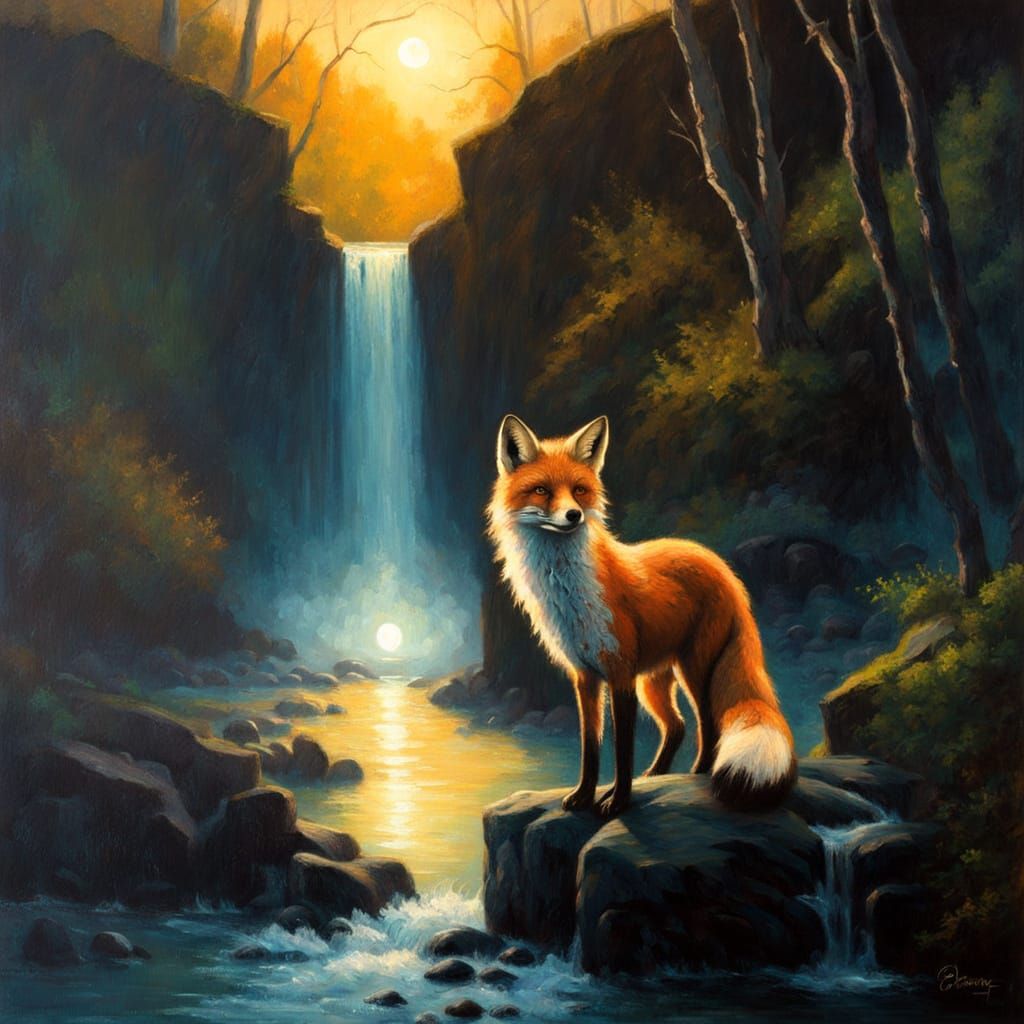 Fox at Night Waterfall: Oil Painting by Gurney