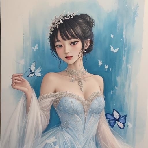 Anime-Fantasy Ballerina in Regal Blue, Digital Painting