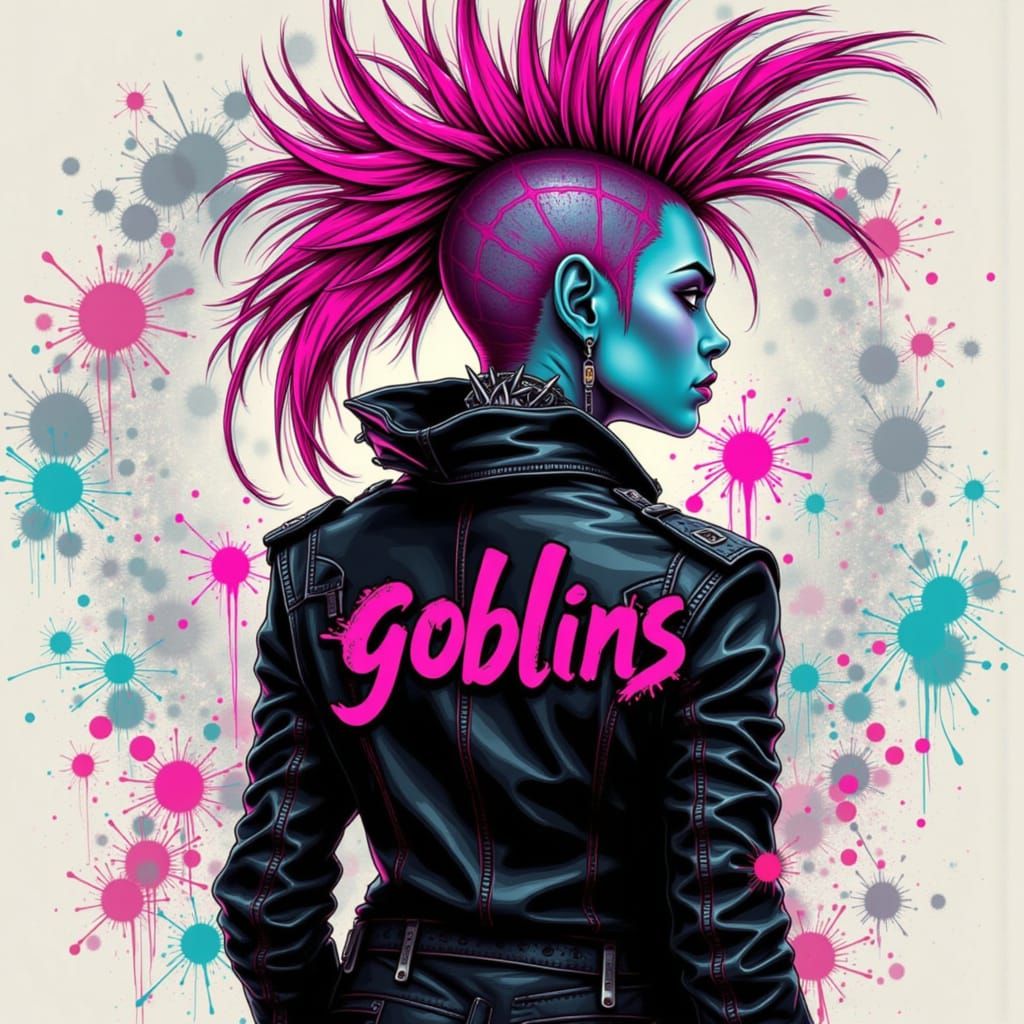 Punk Rock Goblin Girl with Pink Mohawk and Graffiti Jacket