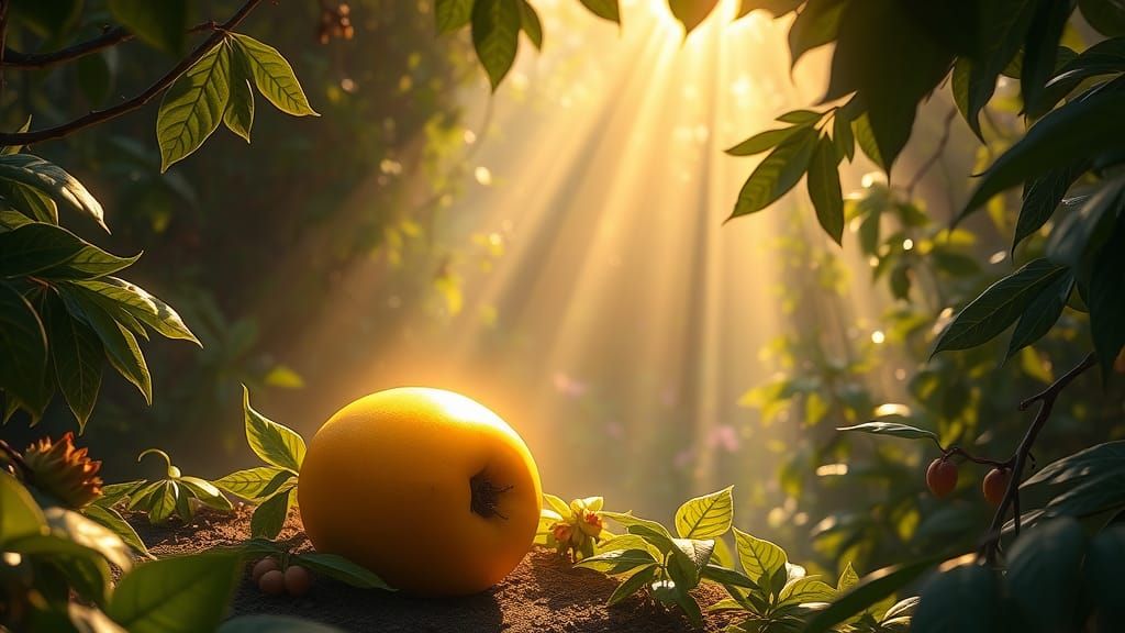 golden fruit forbidden paradise heavenly beams divine bright...