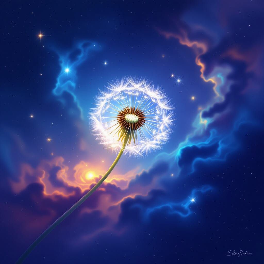 Glowing Dandelion Seed in Cosmic Galaxy Digital Painting
