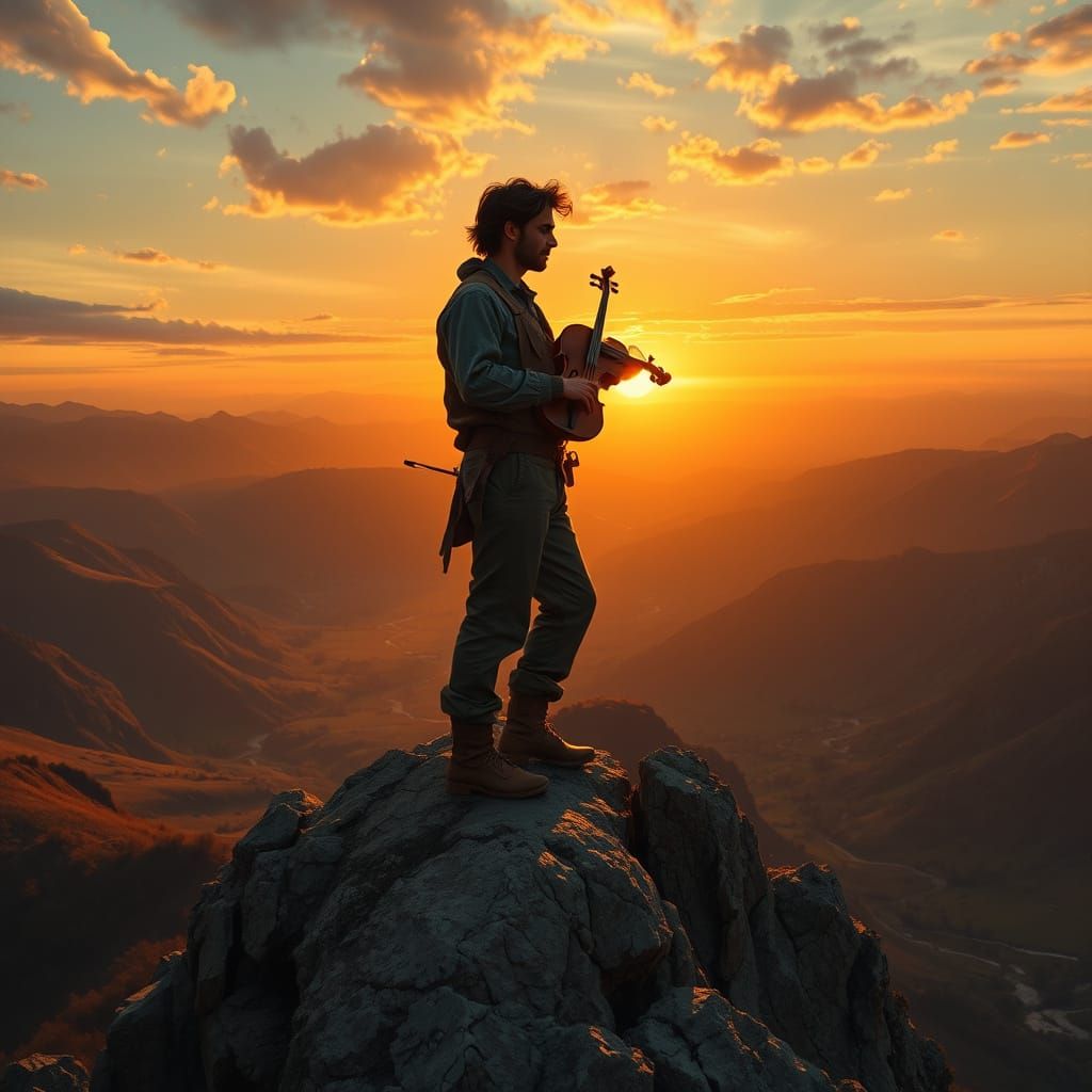 Violinist at Sunrise: Classical Landscape Painting