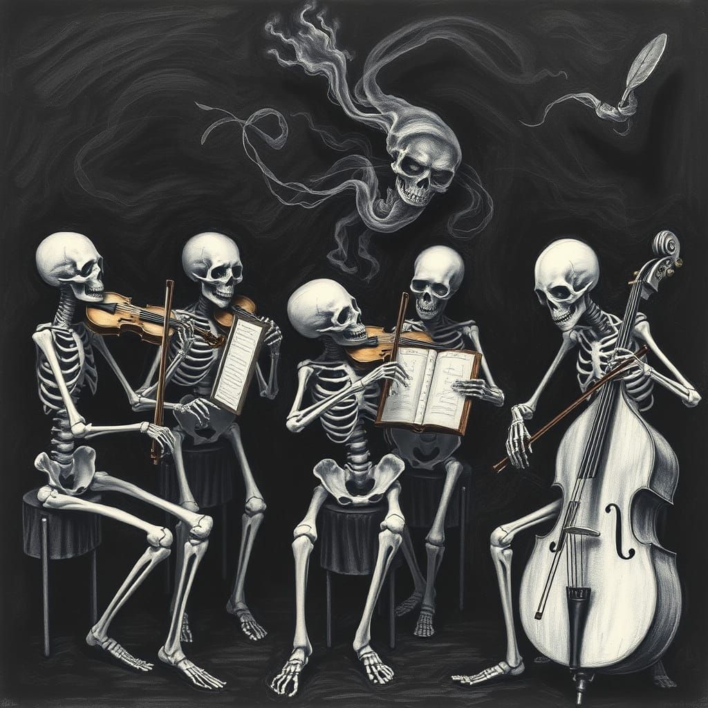 Skeletal Orchestra Performs in Charcoal Void