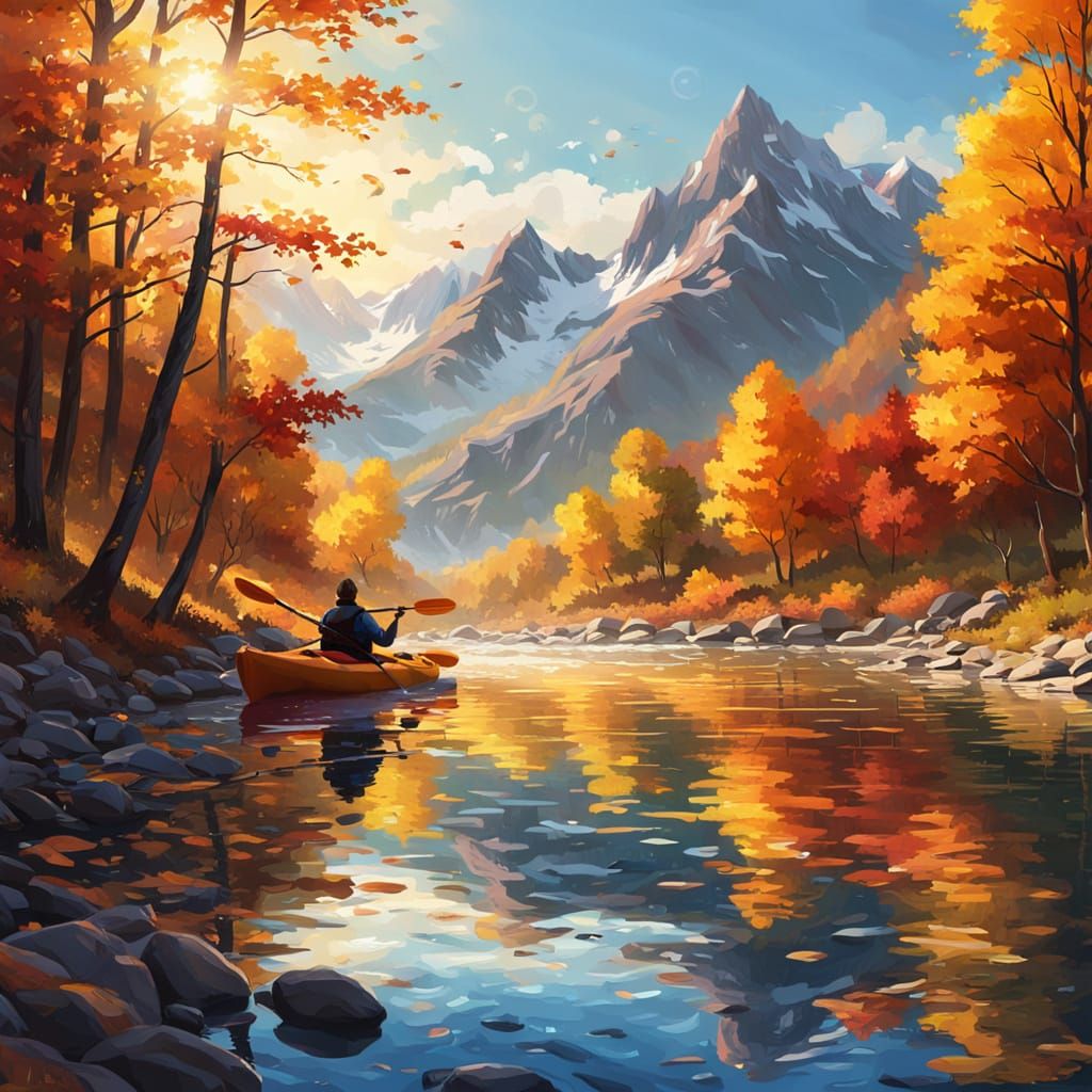 Kayaking Through Autumn Mountains in Vivid Digital Painting