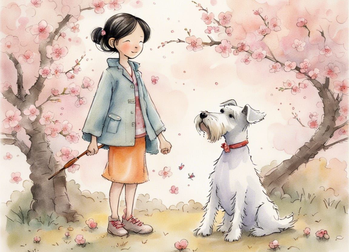 Miniature Schnauzer and Girl Among Cherry Blossoms