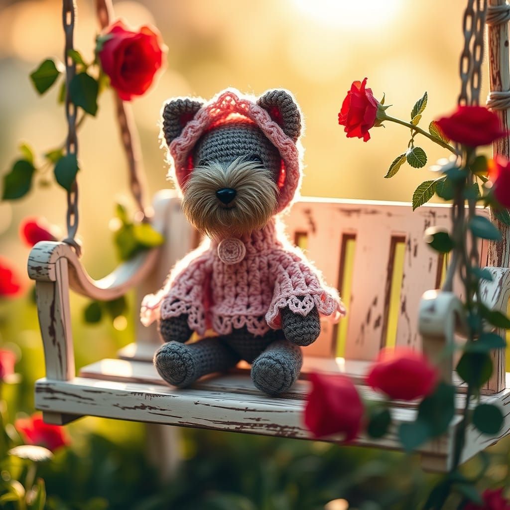 Crochet Schnauzer Toy on Rose Swing, Impressionist Style
