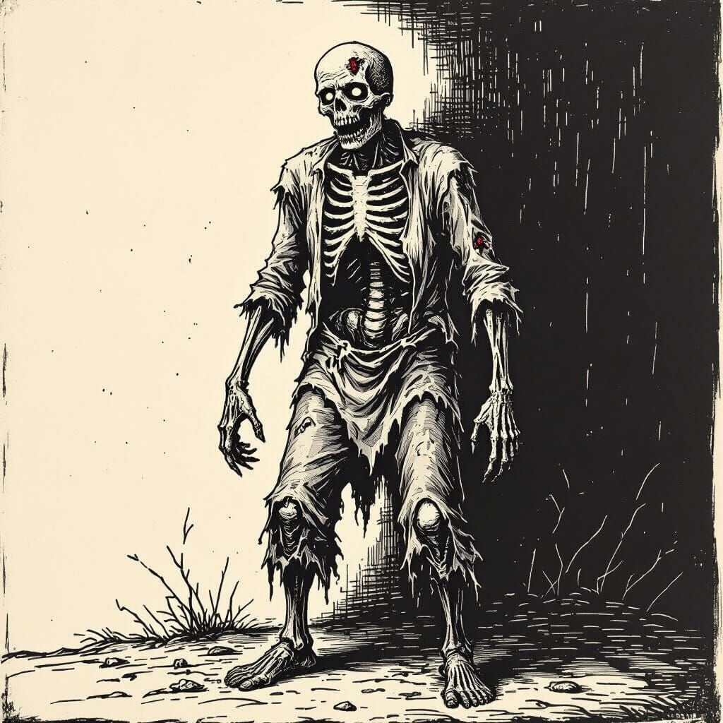 Medieval Woodcut Zombie in Tattered Rags