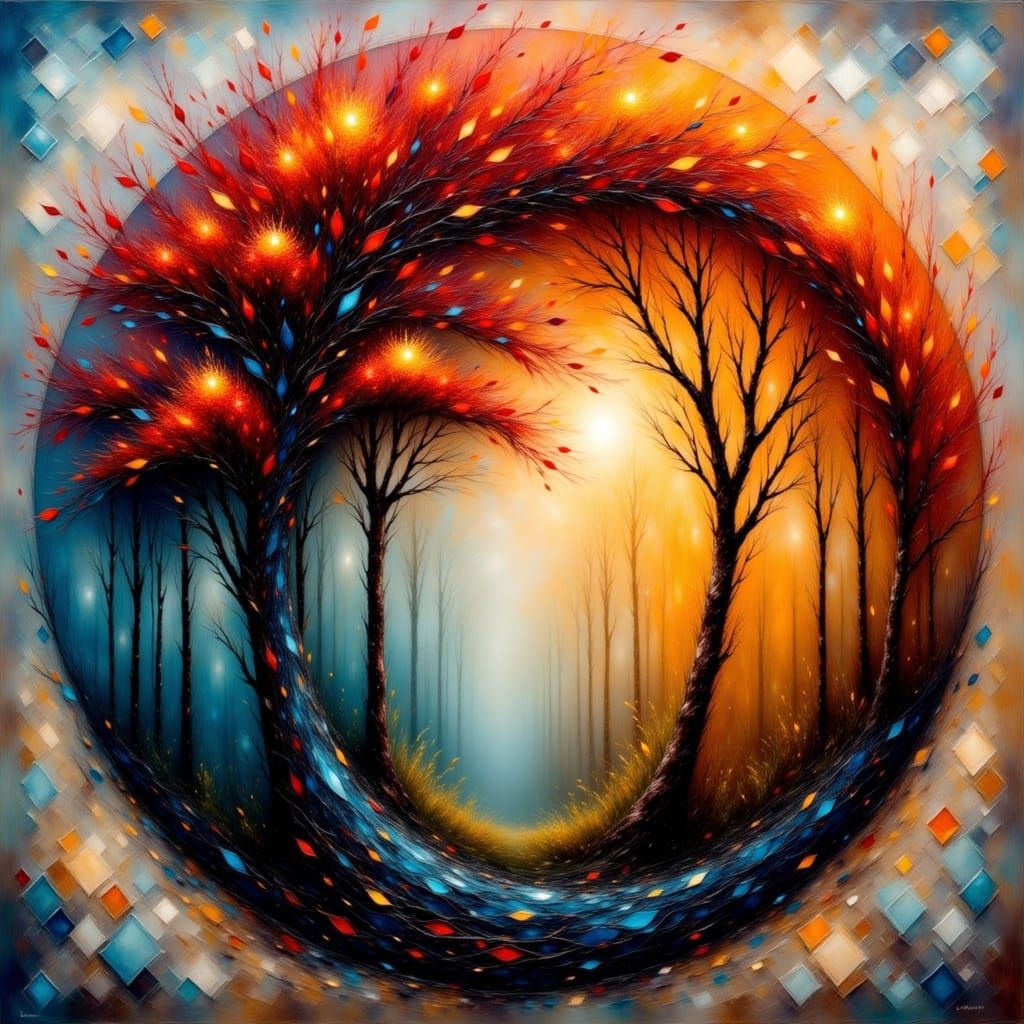 Yin Yang Symbol with Colorful Stylized Trees