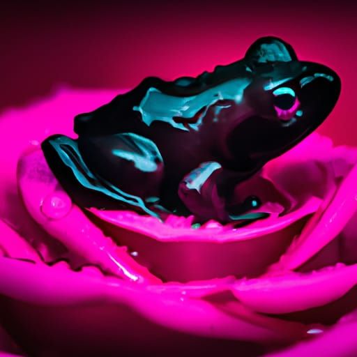 Pink Frog on Wet Black Rose: Hyperrealistic Surrealism