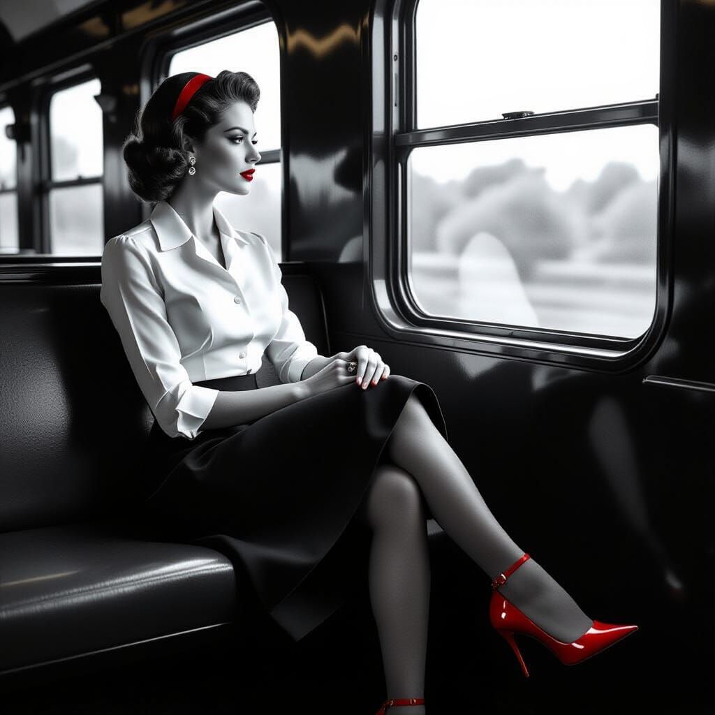 1950s Elegance: Woman in Vintage Train Carriage, Red Accents