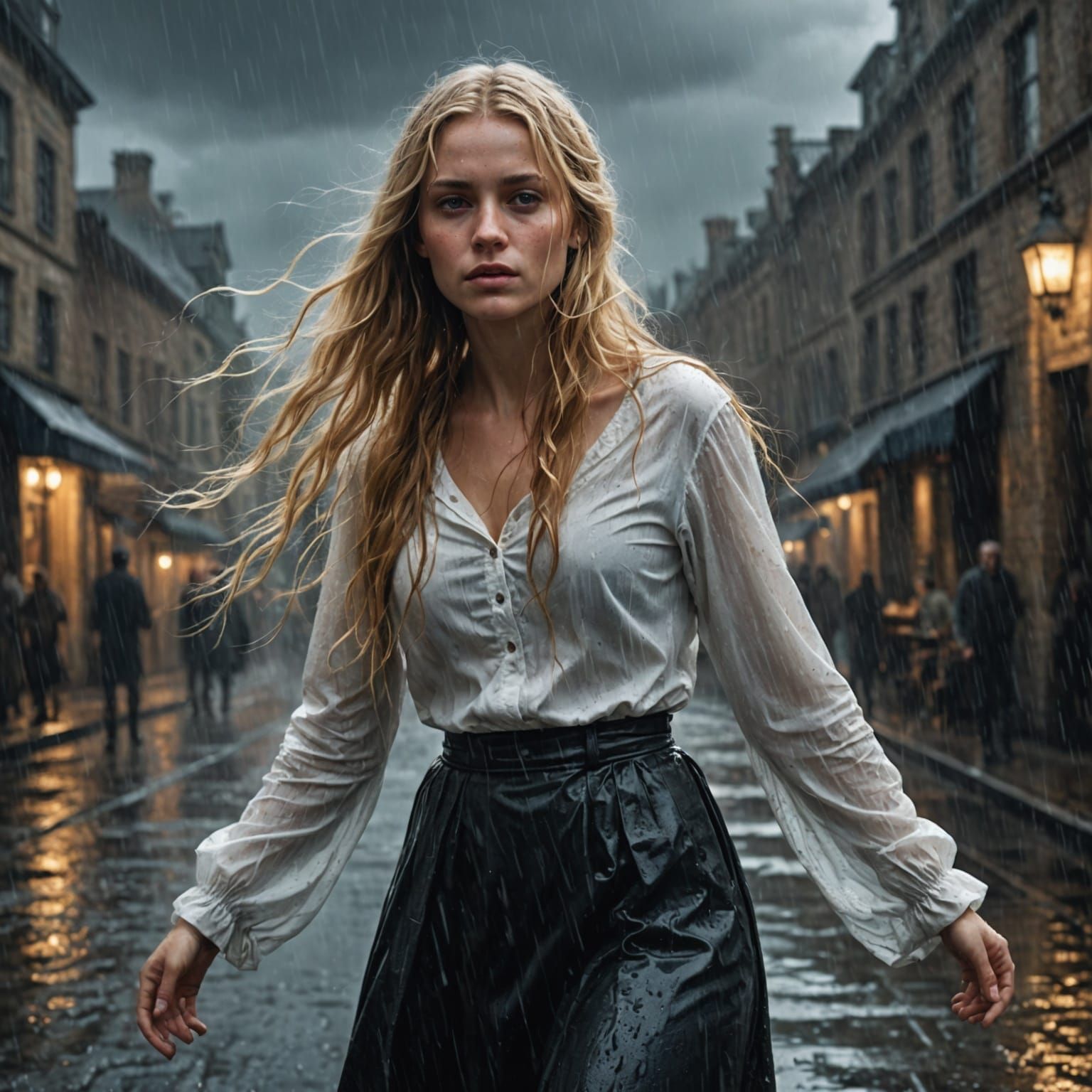 Woman in Rain: Dark Romanticism Style