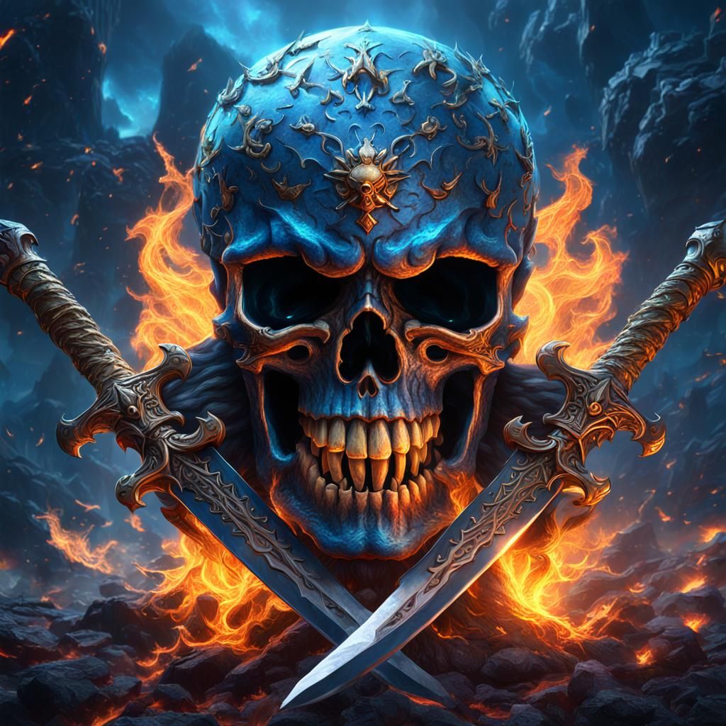 Angry Blue Fire Skull with Swords and Universe
