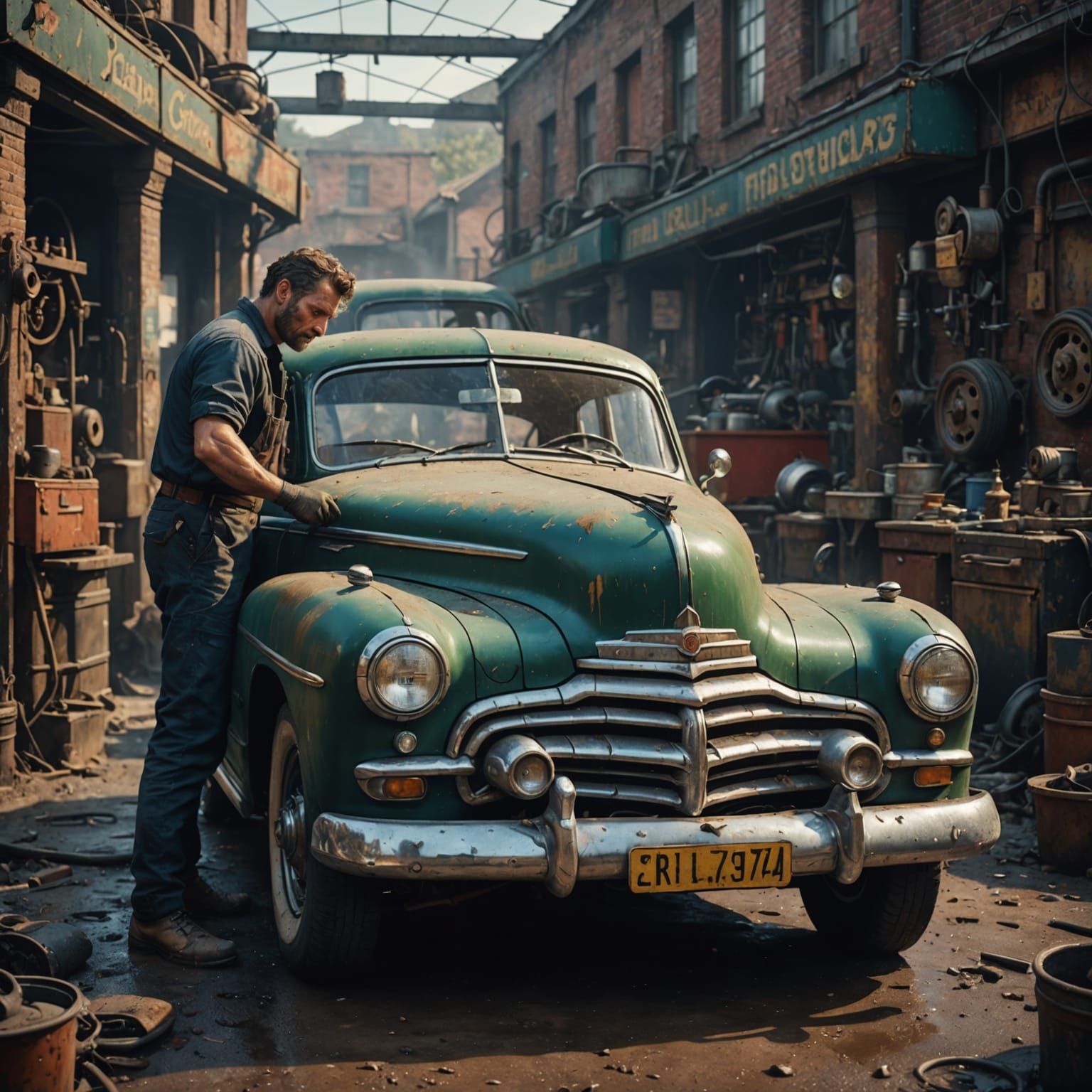 Vintage Car Mechanic in a Fantastical Garage