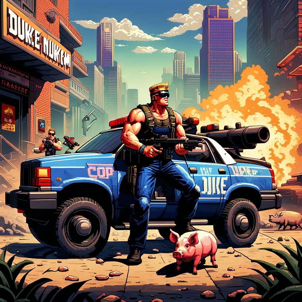 Duke Nukem Pixel Art Shooting Scene in 8-bit Style