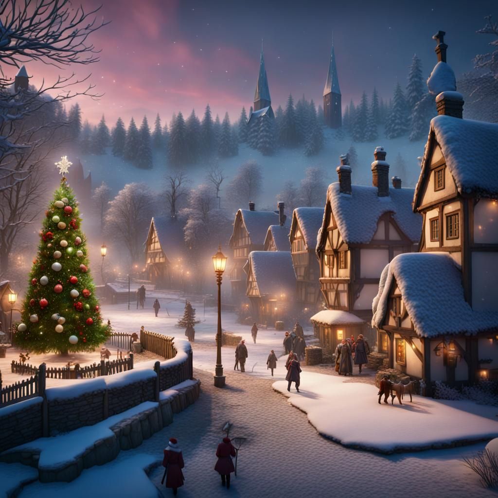 Festive Carol Singers Around Christmas Tree in Winter