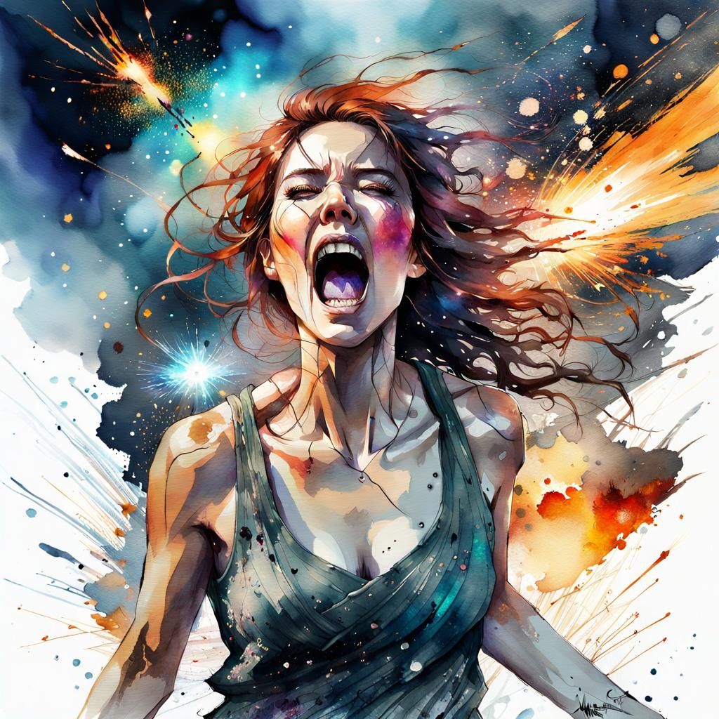 Screaming Goddess in Digital Watercolor Style
