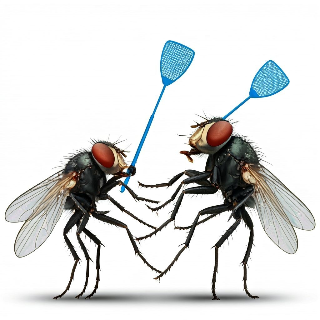Fly Duel: Two Flies Armed with Swatters