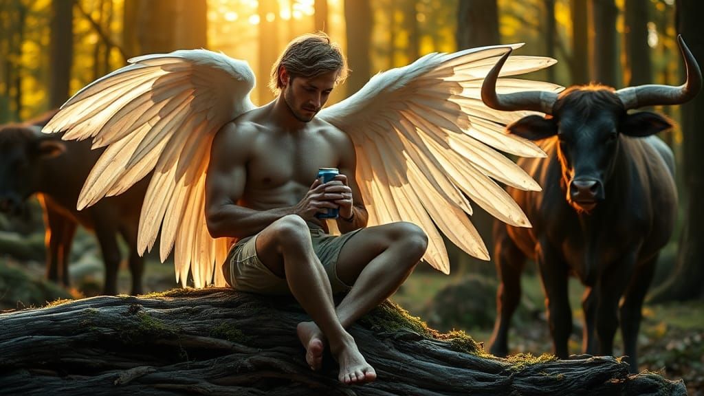 Hyperrealistic Wood Nymph with Bulls in Forest