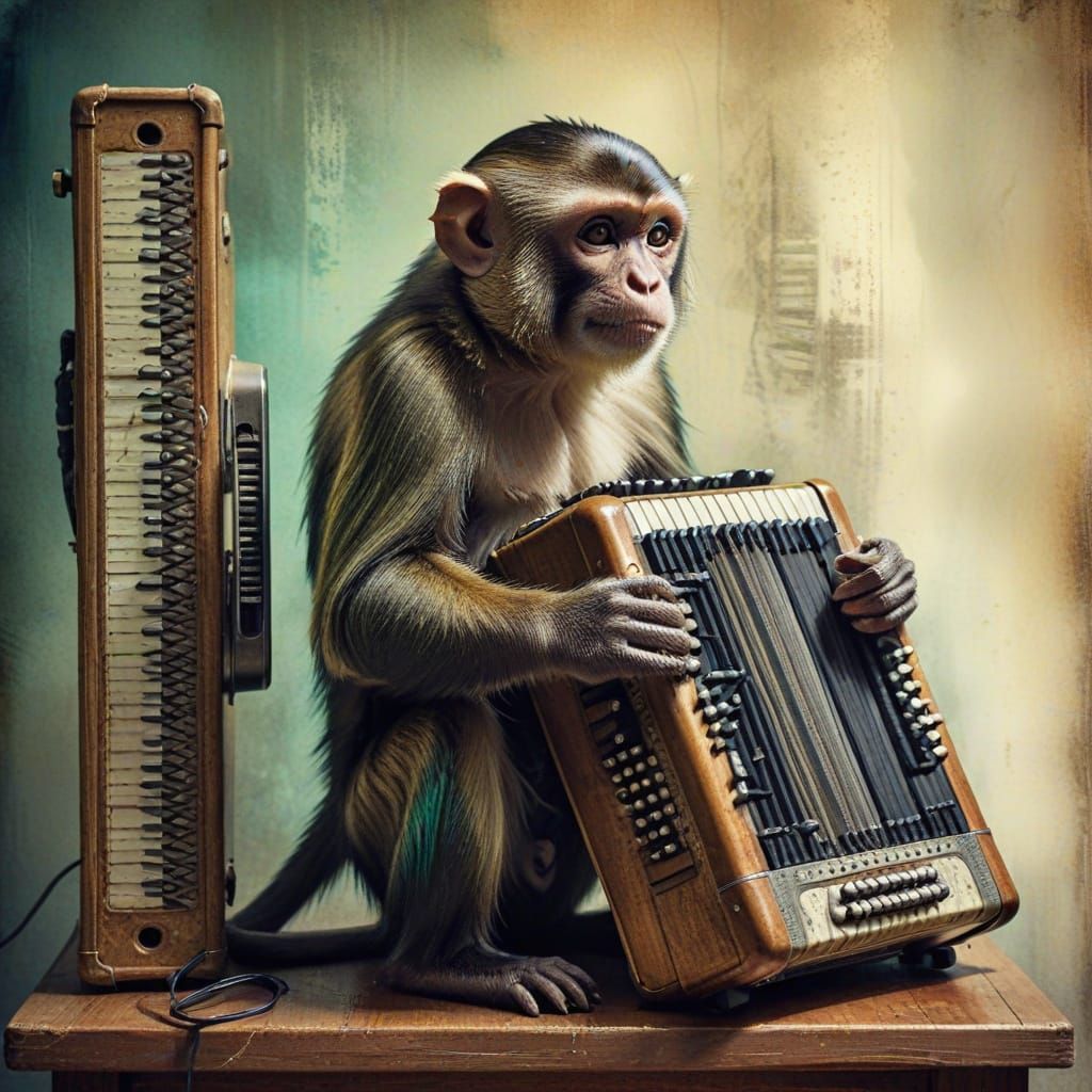 Capuchin Monkey Accordion Player in Surreal Mixed-Media