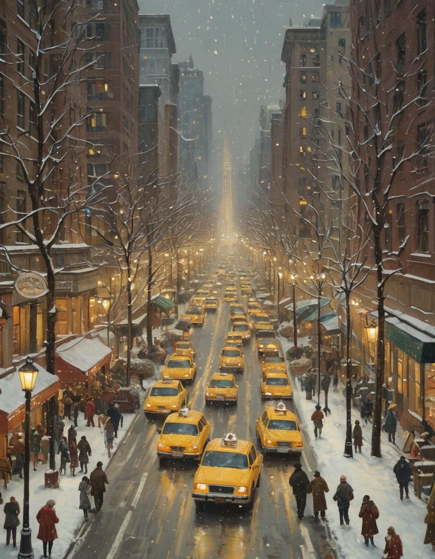 Impressionist Winter Cityscape with Glowing Windows