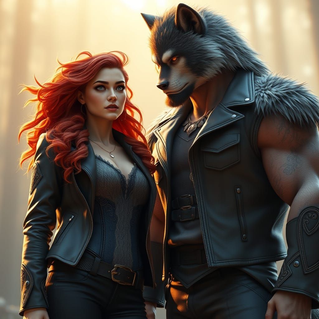 Couple in Love, Werewolf and Fiancée in Intimate Moment