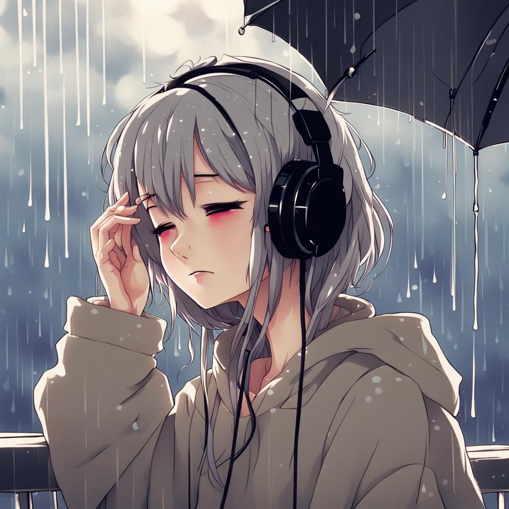 Girl Listens to Music in Rainy Anime Style