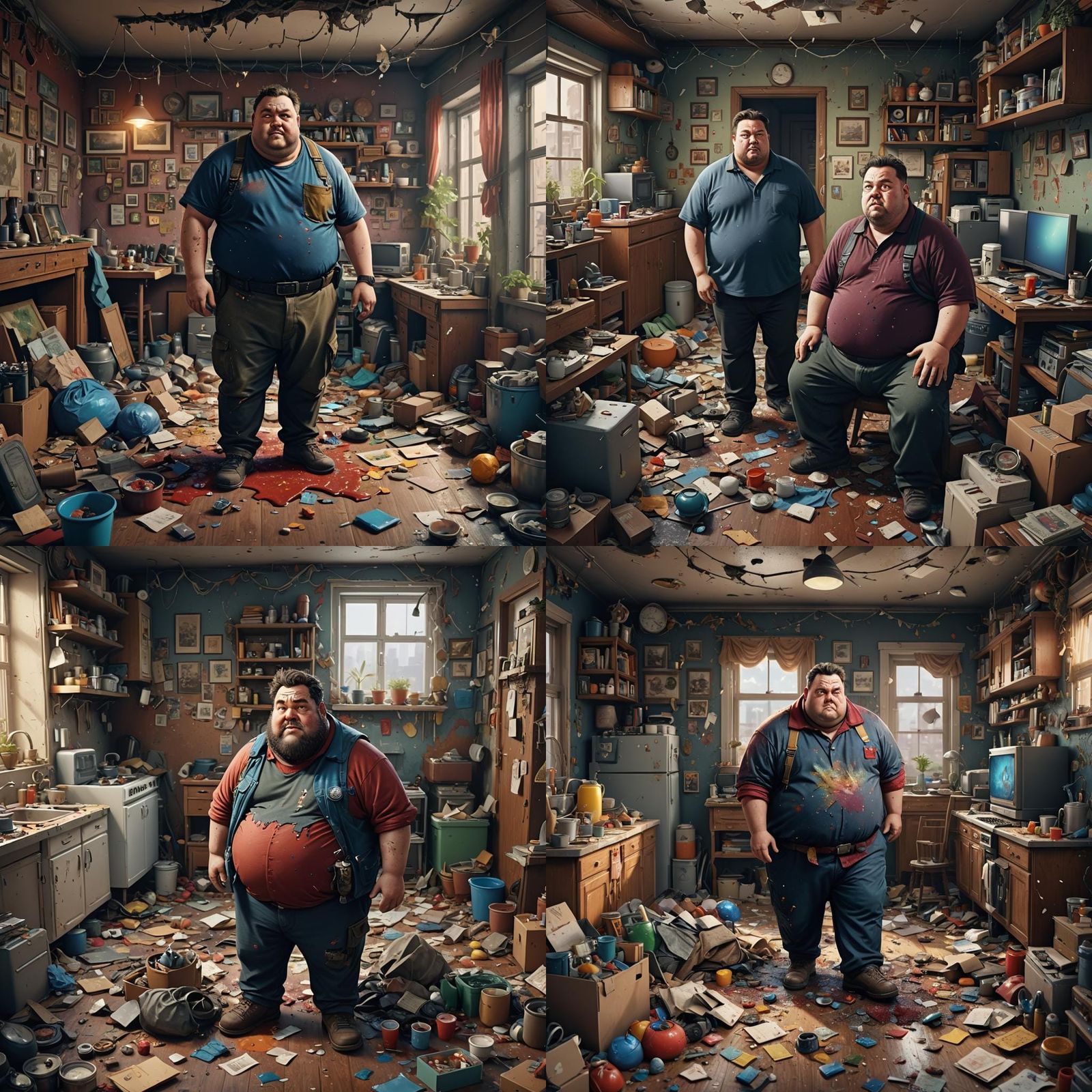 Chubby Man in Messy Apartment: Detailed Fantasy Art