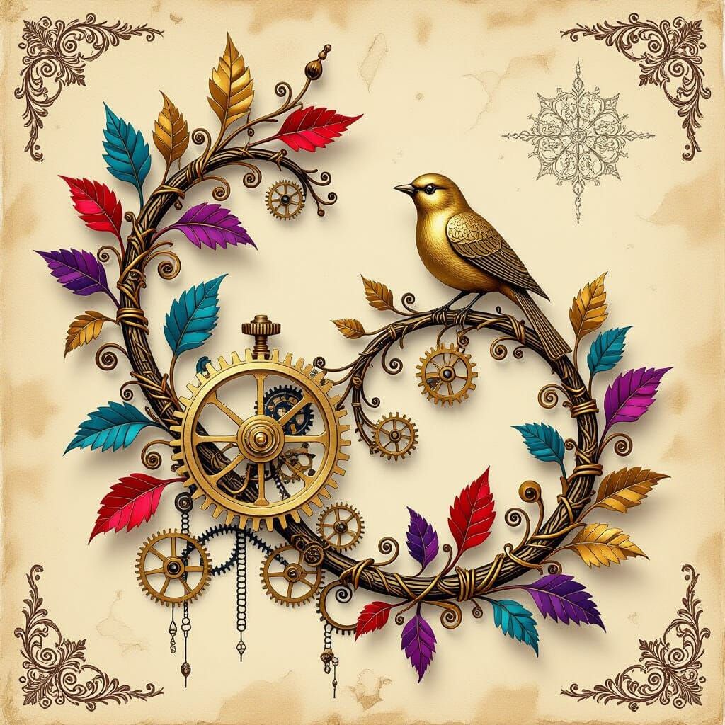 Steampunk Illuminated Manuscript Border with Clockwork Bird
