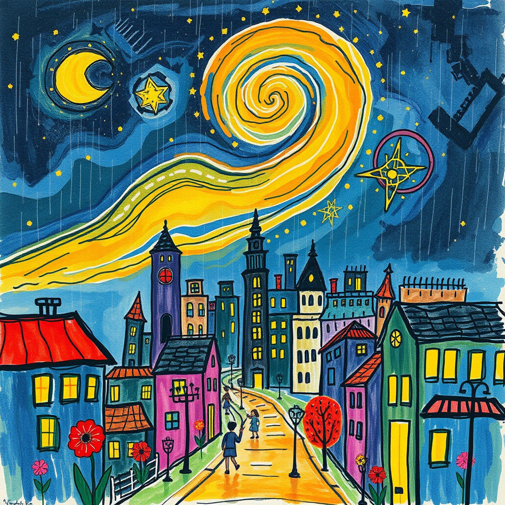 Cosmic Cityscape in Naive Crayon Style