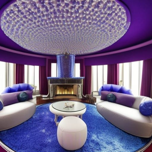Bubble penthouse with cobalt blue walls with bubble windows& Round silver furniture& round silver tables& purple bubble ...
