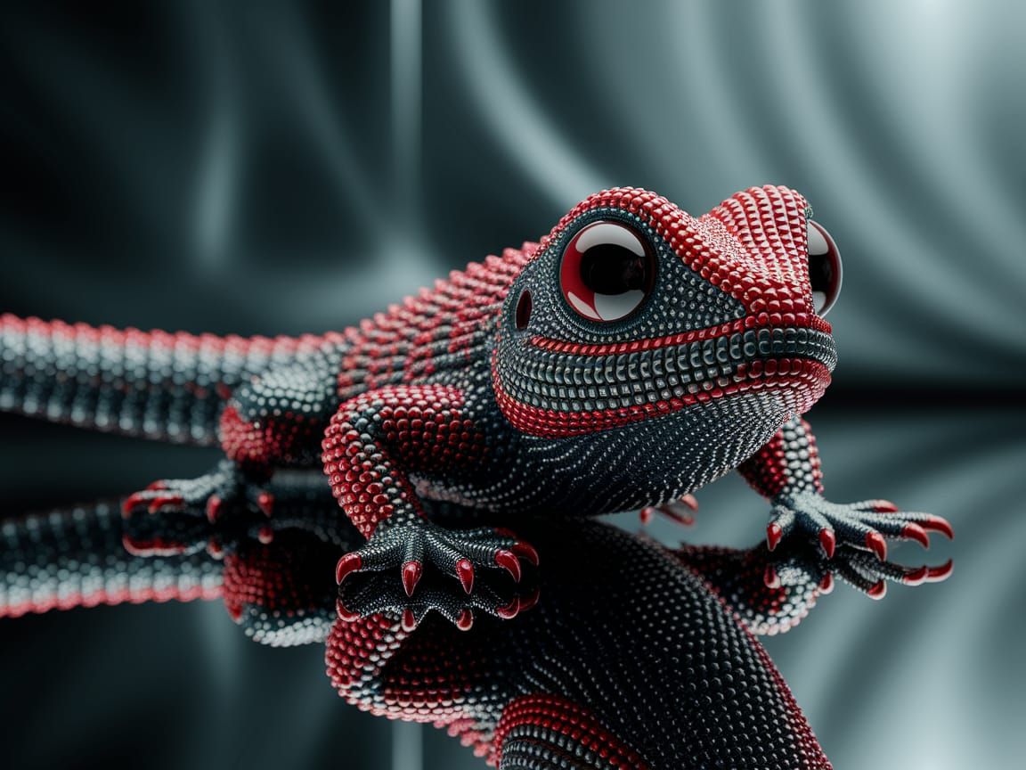 Hyper-Realistic, Vibrant Lizard in Mirrored Setting