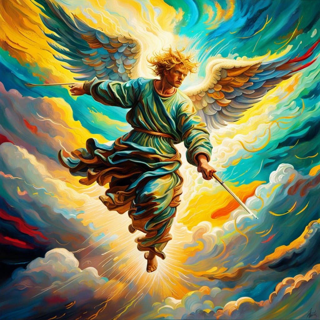 Warrior Angel Descending: Van Gogh Style Painting