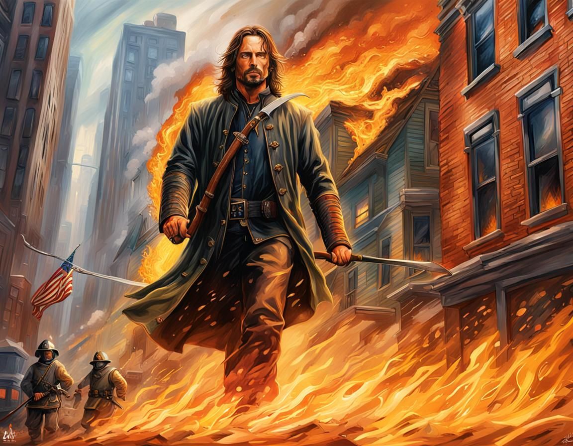 Aragorn as NYC Firefighter in Hyperrealistic Splash Art