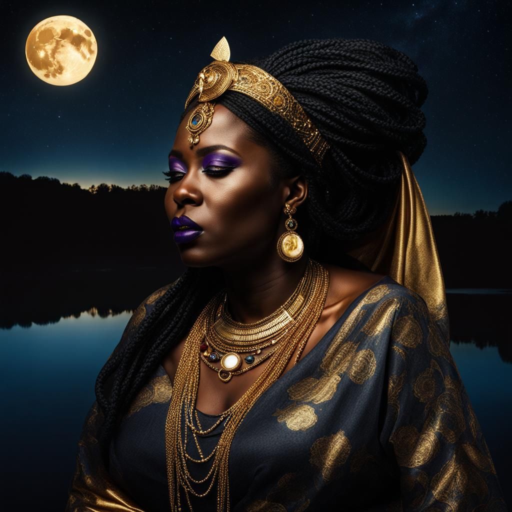 Moonlit African Witch in Scottish Loch