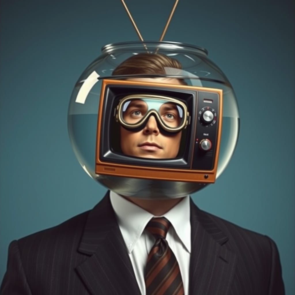 Man's Distorted Reflection in a Surrealist Fishbowl, in the...