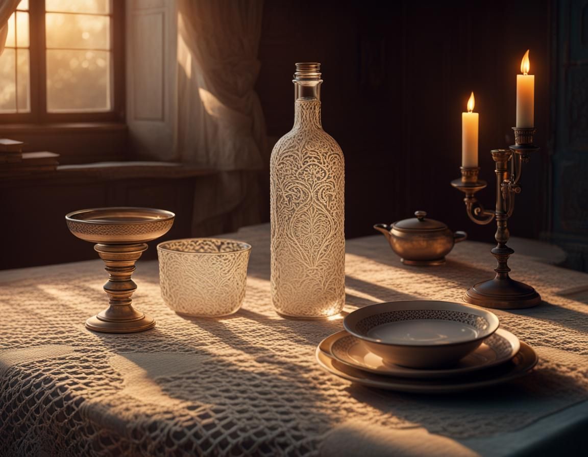 Lace Tablecloth and Arsenic in Cinematic Lighting